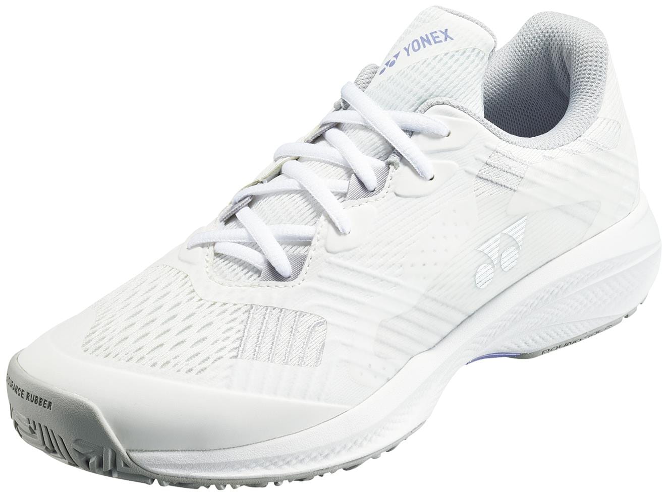 The Yonex Power Cushion Sonicage 2025 Women's Tennis Shoes in white/grey feature intricate stitching, a textured rubber sole, and the iconic Yonex logo. Designed with Power Cushion technology and sleek white laces, these shoes offer a modern look for athletic wear.