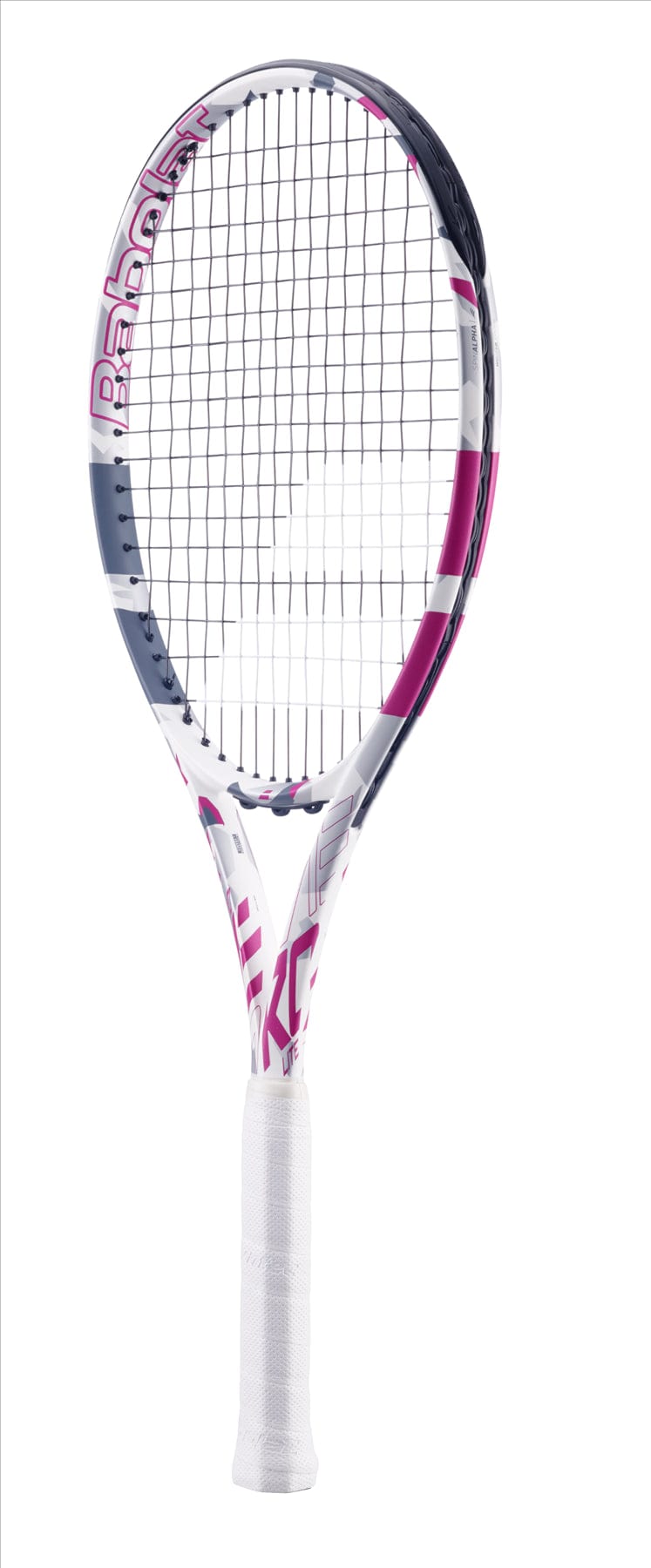 The Babolat Evo Aero Lite Tennis Racket - Pink features a stylish combination of white, pink, and gray colors. Equipped with grid strings and a comfortable white grip handle, it offers impressive power and comfort while enhancing spin potential on the court.