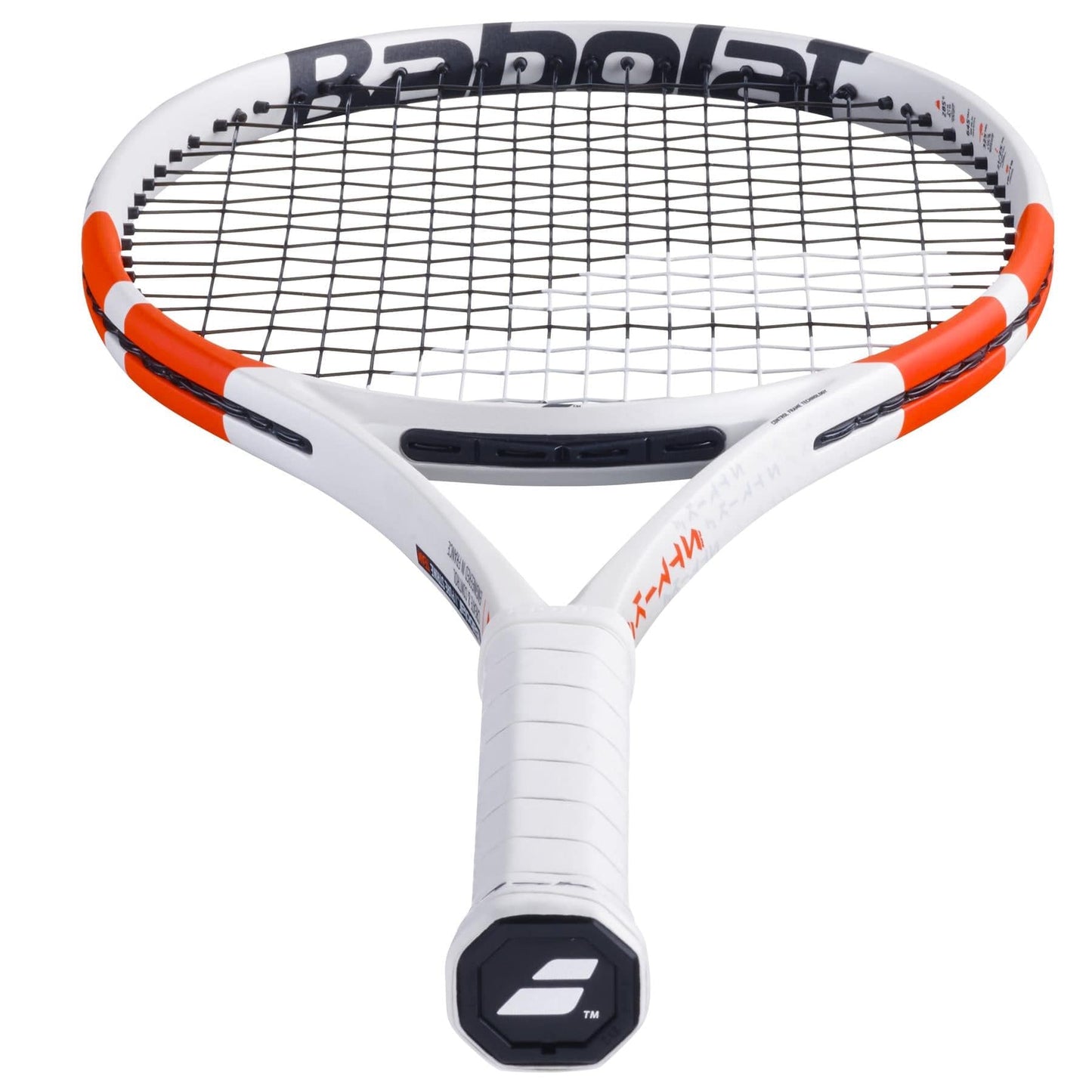 A white, red, and black Babolat Pure Strike Team Gen4 Tennis Racket is displayed against a plain background. The grip is wrapped in white, and the brand's logo is prominently visible on the top edge of the racket head, showcasing its advanced control technology designed for precision and power.