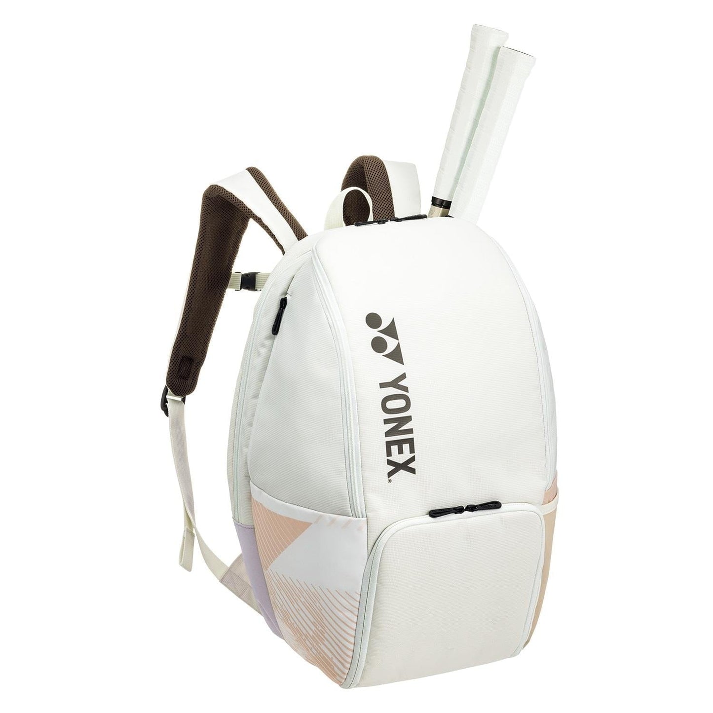 Introducing the Yonex 92412BEX Pro Tennis Backpack in sand beige, highlighting the signature black logo. This stylish and contemporary design comes with adjustable shoulder straps and a dedicated racket storage area. With soft pastel accents at the base and a separate shoe compartment, it's ideal for tennis enthusiasts.