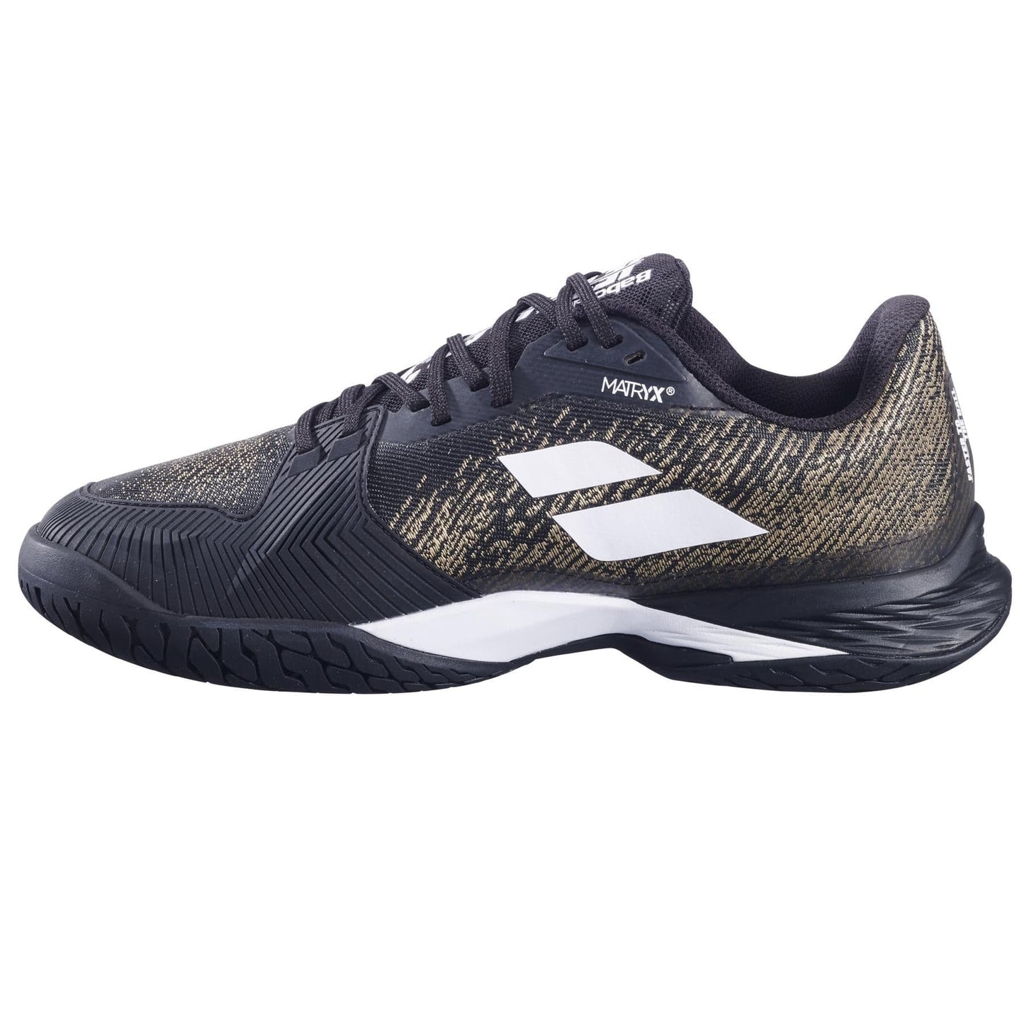 The Babolat Jet Mach 3 All Court Men's Tennis Shoes in black and white feature a textured mesh surface, Matryx technology, and a thick Michelin sole for ultimate comfort and support. They prominently display the logo on the side and heel.