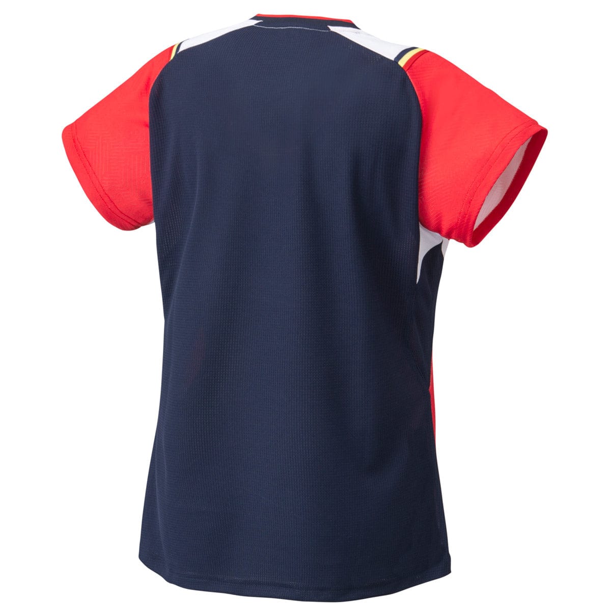 The Yonex 20685 Women's Shirt - Ruby Red is a short-sleeve sports jersey featuring a navy blue back, ruby red sleeves, and white shoulder accents. With UV REDUCTION and VERY COOL TECHNOLOGY, it offers comfort and protection for intense activities.
