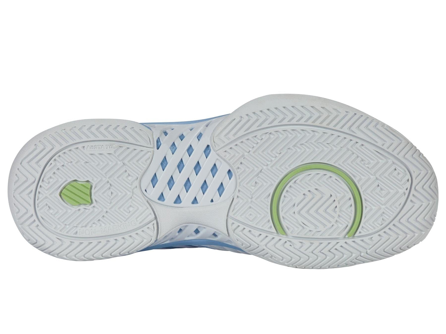 The image displays the sole of the K-Swiss Express Light 3 Women's Tennis Shoes, featuring a white textured pattern with chevrons and circles, accented by light blue areas and two green circles near the heel and arch.