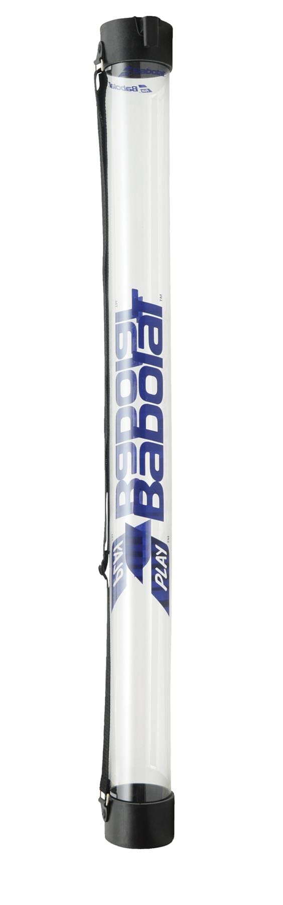 The Babolat Tennis Ball Pickup Tube is a clear cylinder with black end caps and a shoulder strap, displaying the blue Babolat logo—perfect for carrying and storing tennis or padel balls during training.