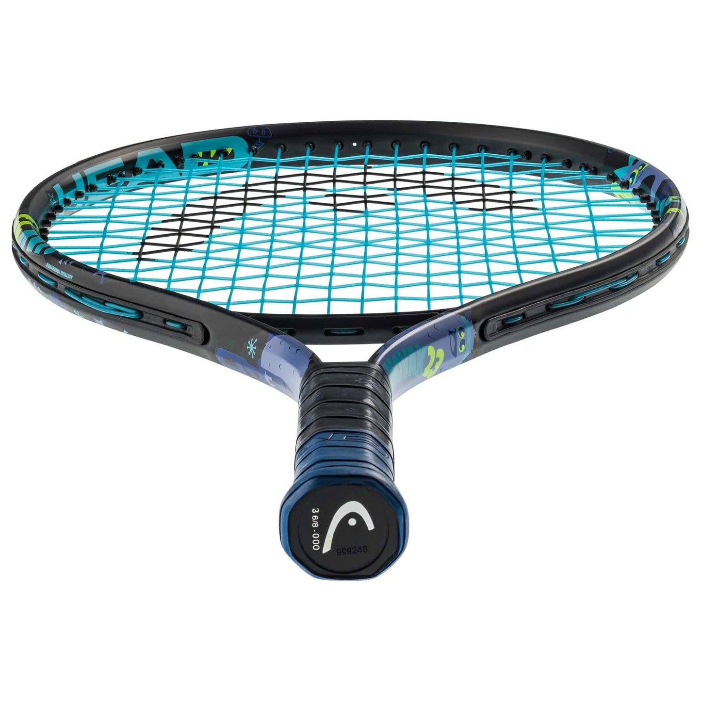 The HEAD Novak 23 Junior Tennis Racket, featuring a black frame with blue strings and a dark blue handle, is displayed. It showcases colorful graphics on the frame and includes a Damp+ insert to minimize vibration. The HEAD brand logo is prominently placed on the butt cap of the handle. This junior racket, angled upwards, emphasizes its distinctive string pattern.