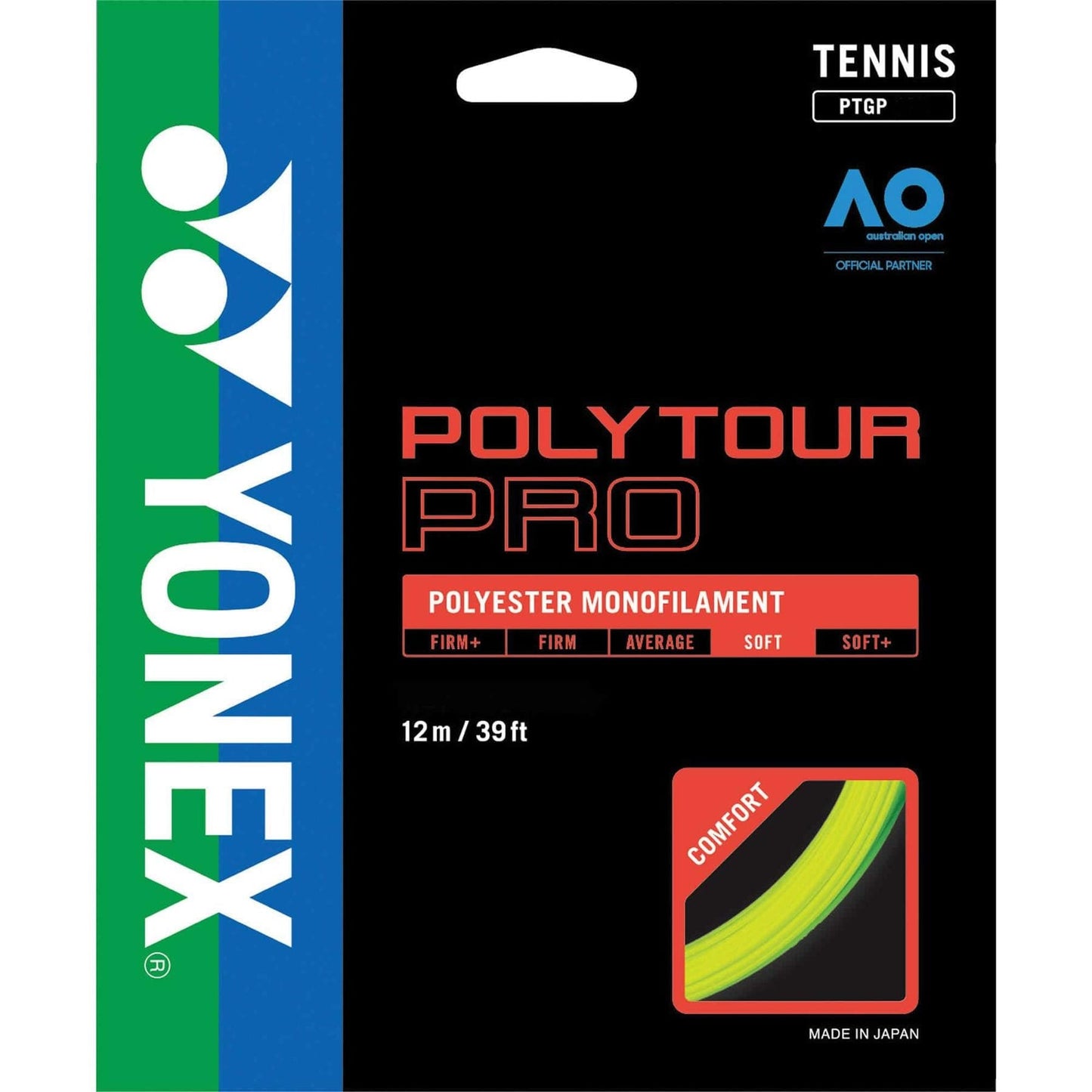 The packaging for Yonex Polytour Pro Tennis String (12m) in Yellow features a sleek blue and green vertical stripe on the left, highlighted by the Yonex logo. Prominently displaying "Polyester Monofilament" and "Comfort," it also provides details about spin potential, string length, and firmness options.