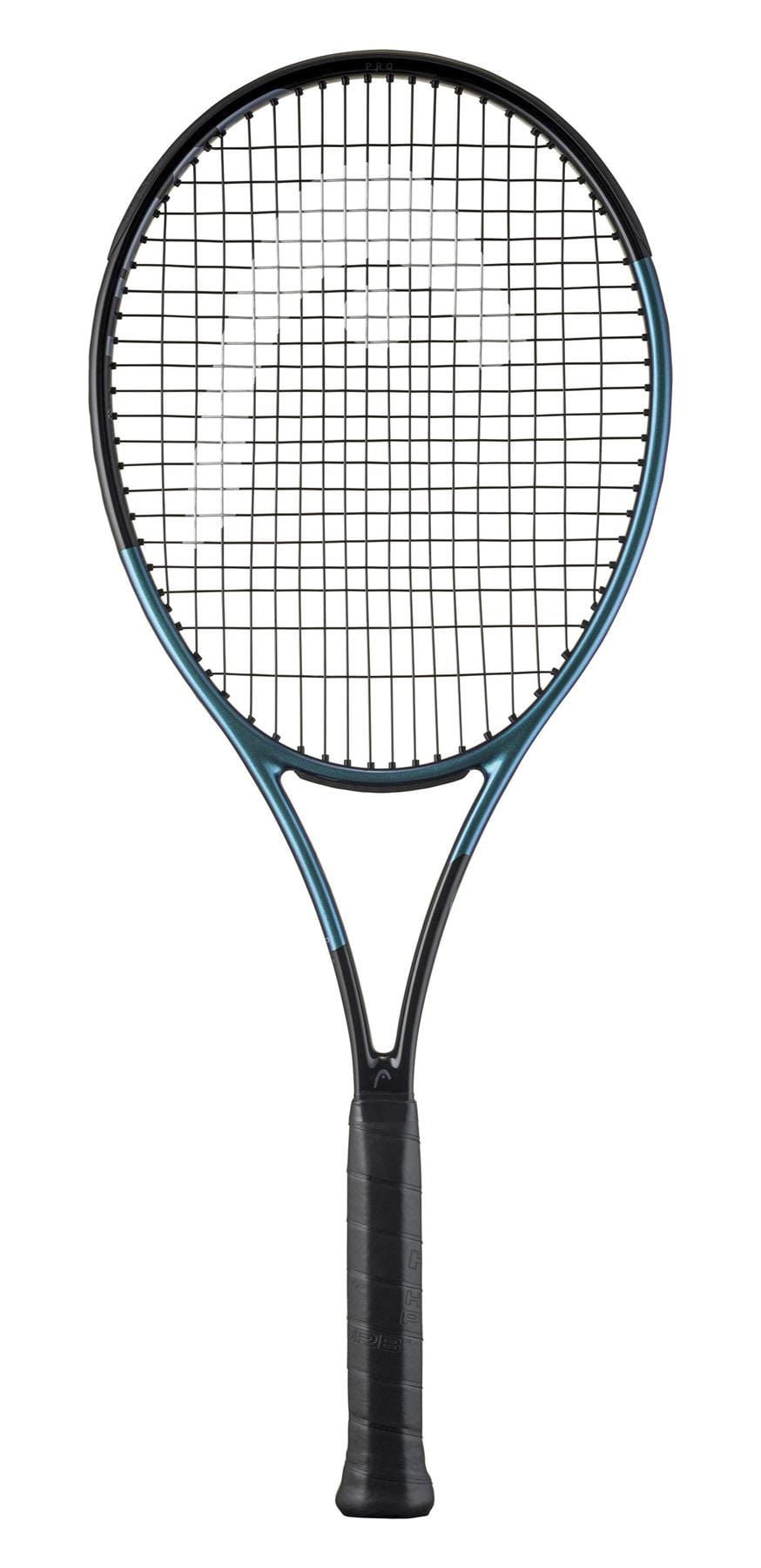 The HEAD Gravity Pro 2025 Tennis Racket showcases a sleek black and blue design with a modern grid pattern and Auxetic 2.0 technology, offering a massive sweetspot and black grip against a crisp white background.
