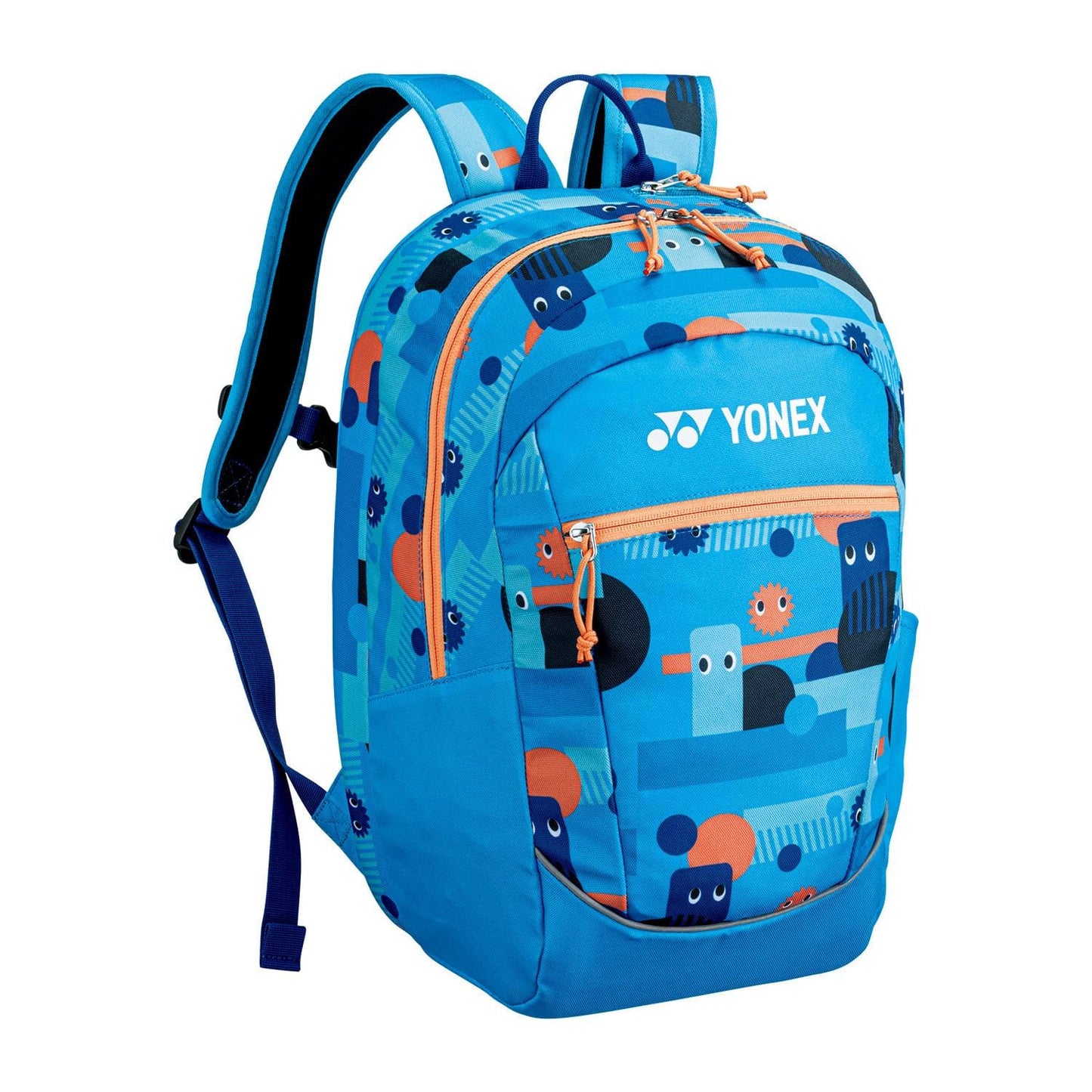 The Yonex 22512 Junior Tennis Backpack in Ocean Blue features padded shoulder straps, a playful abstract pattern in orange, navy, and white, multiple compartments and pockets for tennis gear, and prominently displays the "Yonex" logo on the front.