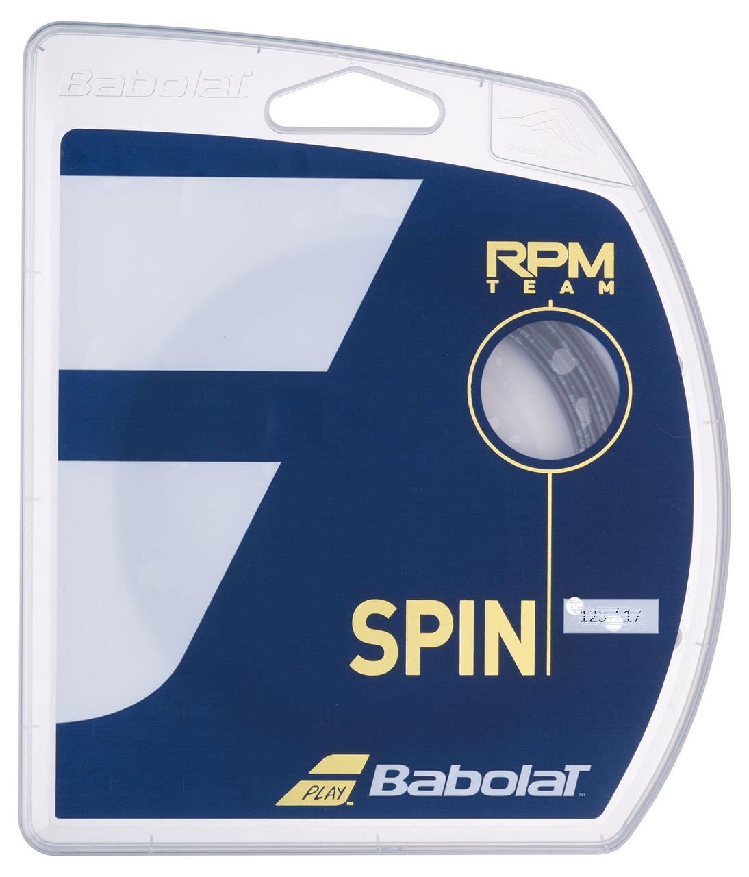 The packaging of the Babolat RPM Team Tennis String (12m) in Black showcases a sleek and modern design with prominent Babolat branding. The "RPM Team" label emphasizes its advanced co-polyester construction, engineered to enhance spin and control, making it an ideal choice for players aiming for precision.