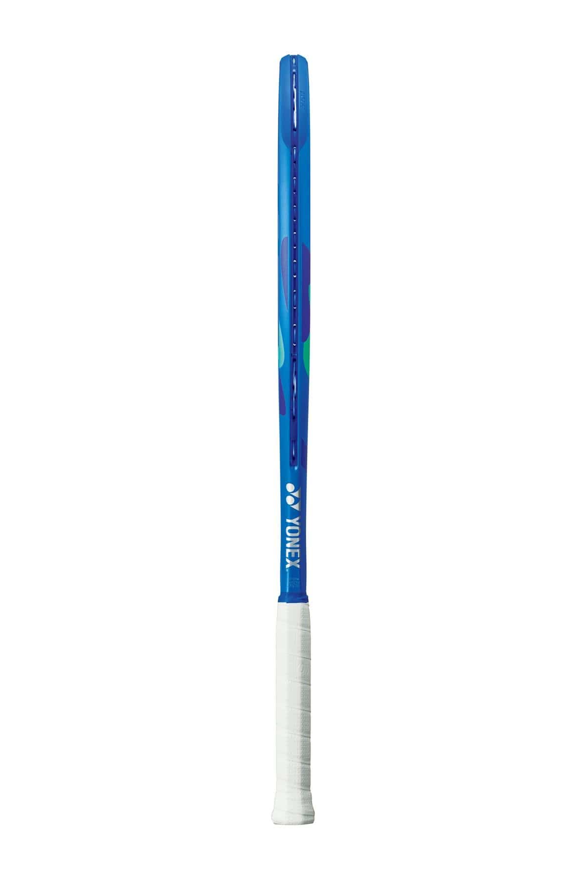 The Yonex EZONE 100 2025 Racket in Blast Blue, featuring a white grip and prominent "Yonex" logo, is showcased edge-on against a plain white backdrop. Its sleek design and Vibration Dampening Mesh technology enhance performance.