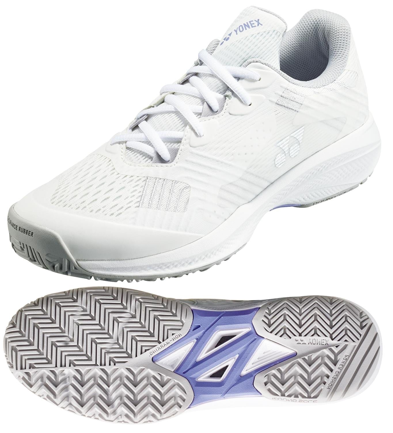 Experience style and function with Yonex Power Cushion Sonicage 2025 Women's Tennis Shoes in White/Grey. Featuring a mesh upper, gray accents, and herringbone-patterned sole, these lightweight sneakers are enhanced with Power Cushion technology for ultimate comfort and durability.