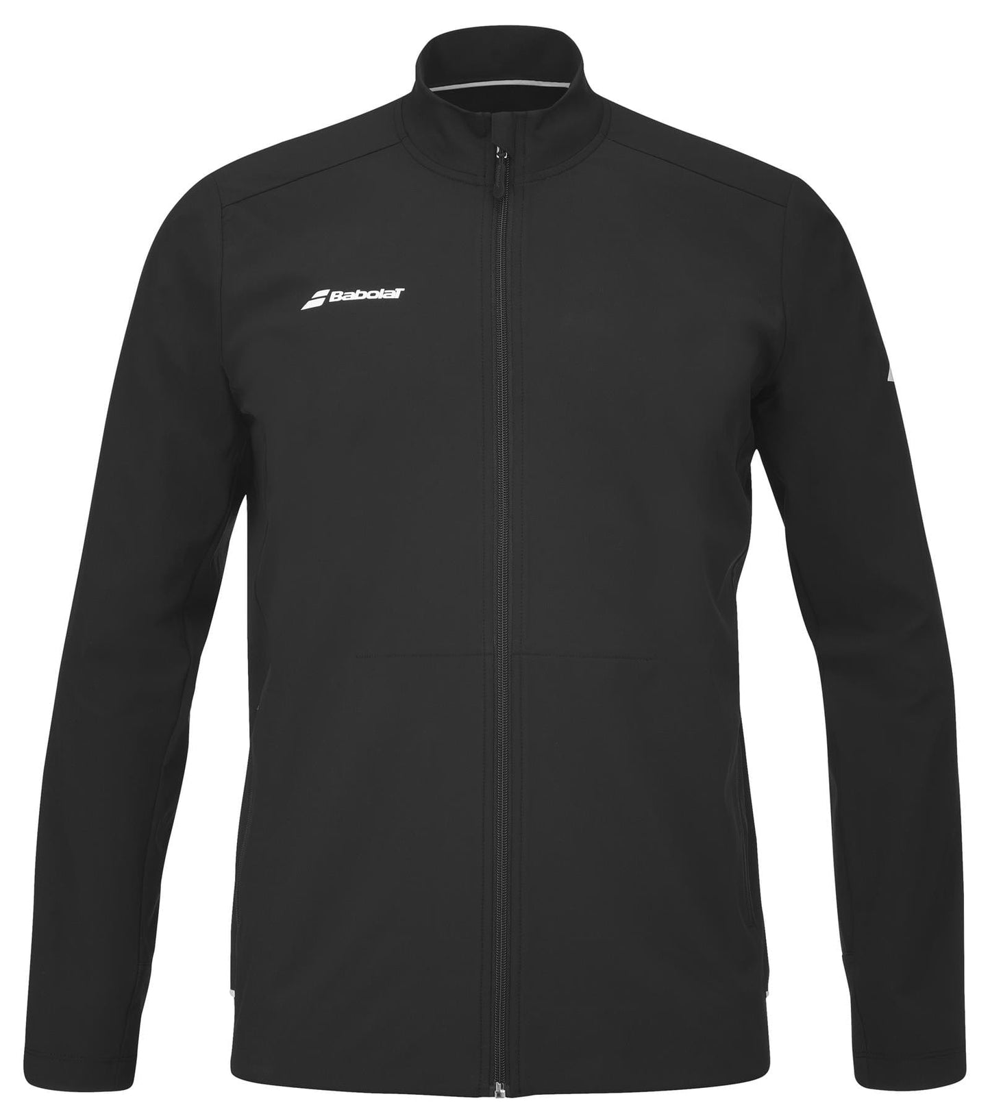 The Babolat Play Men's Tennis Jacket in black is designed by Babolat with a zip-up front, long sleeves, and a stand-up collar. It features a subtle white logo on the left chest and is constructed from smooth Fiber Dry recycled polyester, making it lightweight and ideal for both sports and casual wear.