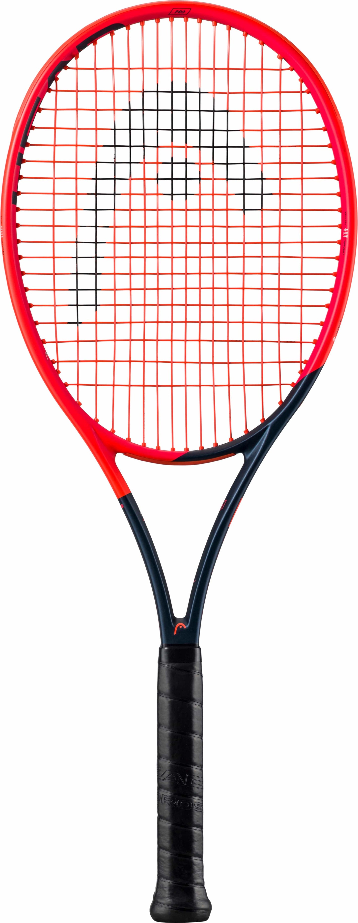 A HEAD Radical Pro 2023 tennis racket in Orange and Navy Blue (frame only) featuring a geometric design on the racket head infused with auxetic technology, complemented by a central logo.