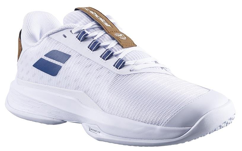 The Babolat Jet Tere 2 Wimbledon Sand Grass 2025 Men’s Tennis Shoes in white with blue accents feature a mesh upper and gum brown tongue logo tag, offering ultra-lightweight comfort and style inspired by Babolat.