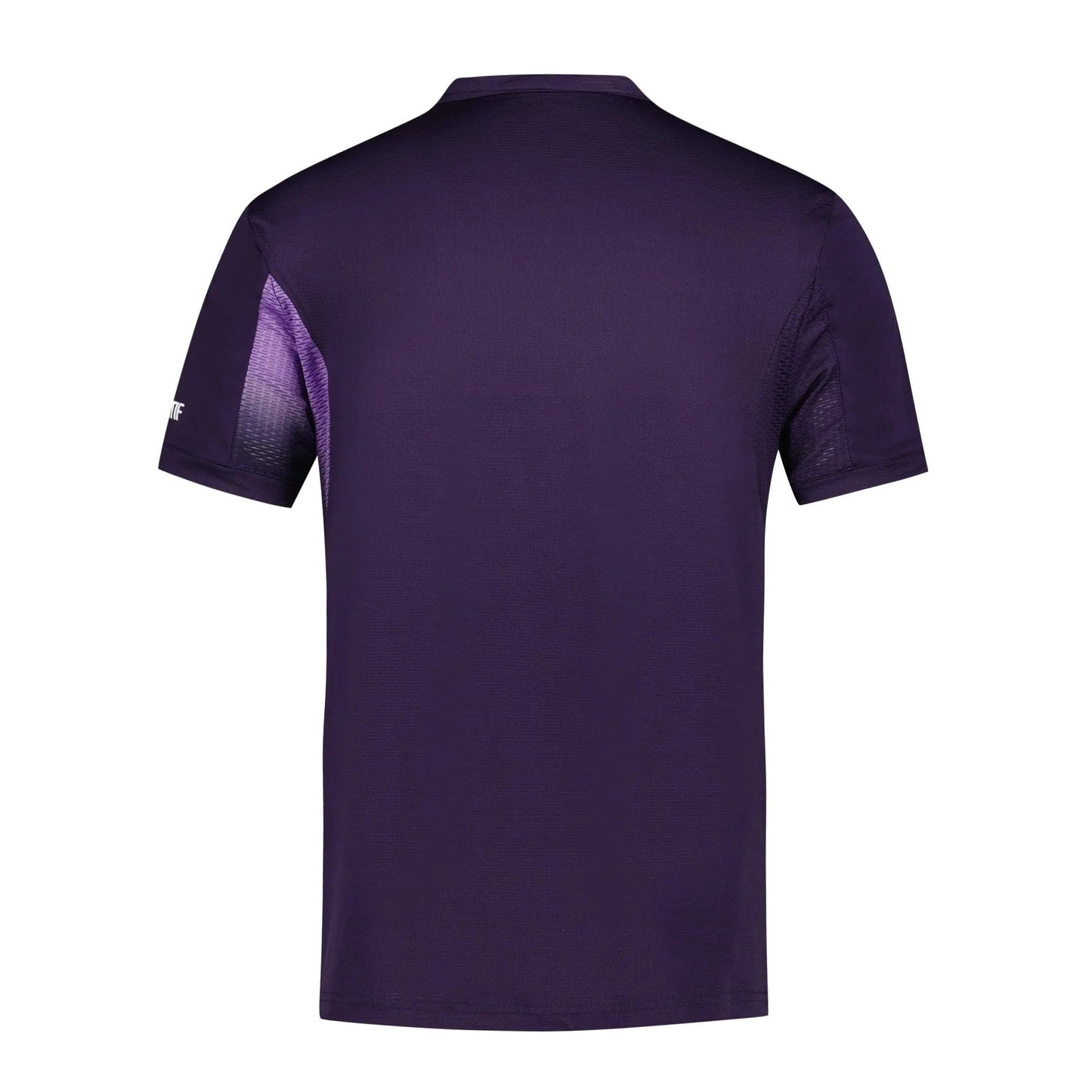 The image displays the back view of the Le Coq Sportif Pro Men's Tennis T-Shirt in deep purple. Made from breathable polyester, it boasts a minimalistic design with a solid color and a small white Le Coq Sportif logo on the left sleeve, providing ease of movement.