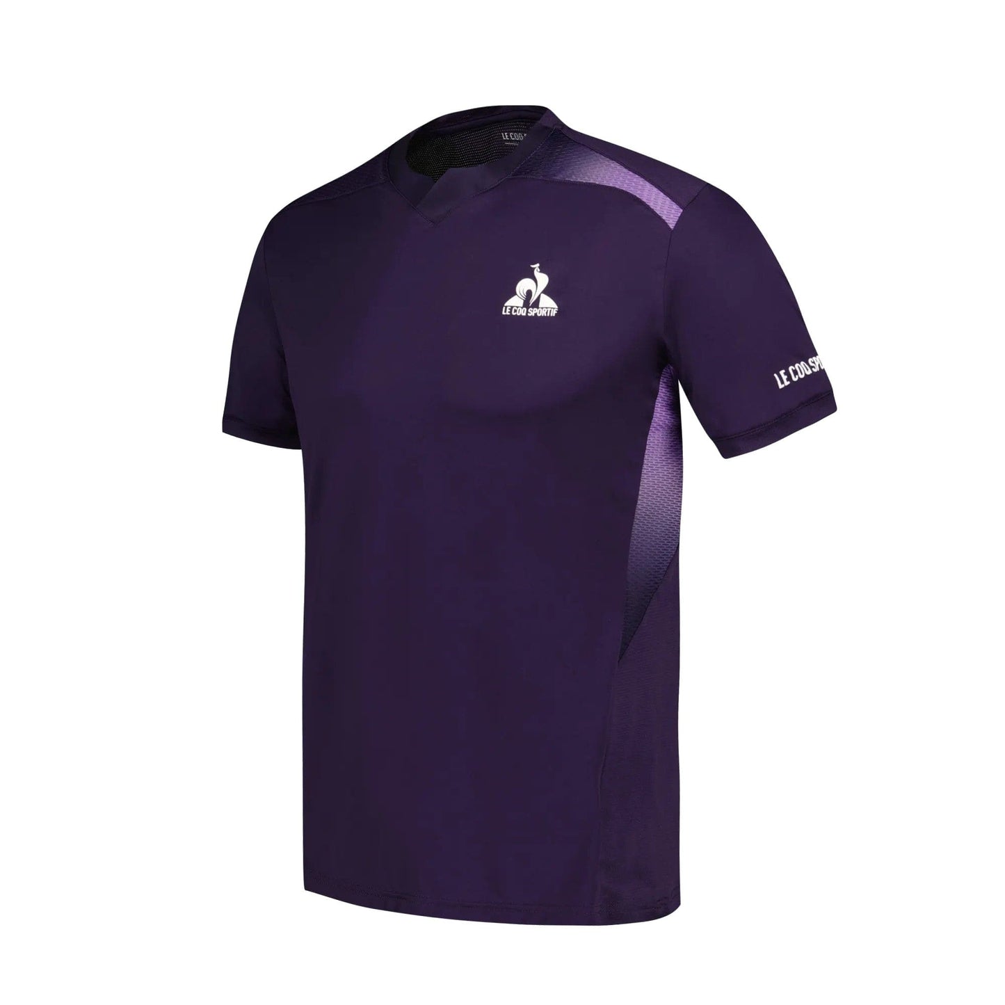 Introducing the Le Coq Sportif Pro Men's Tennis T-Shirt in Deep Purple. This short-sleeve shirt is expertly crafted from breathable polyester, ensuring smooth movement on the court. It showcases a signature rooster logo on the left chest and "LE COQ SPORTIF" text on the right sleeve, accented with darker side panels for a striking contrast.