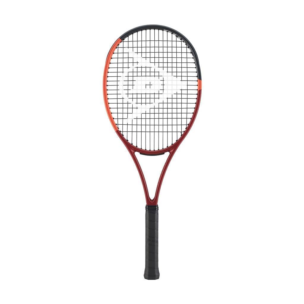 The Dunlop CX 400 Tour 2024 Tennis Racket in vibrant red features a stylish black grip and stands vertically, displaying its string pattern adorned with an abstract triangular logo. This sleek and modern frame design by Dunlop ensures enhanced racket feel and promises impressive spin potential.