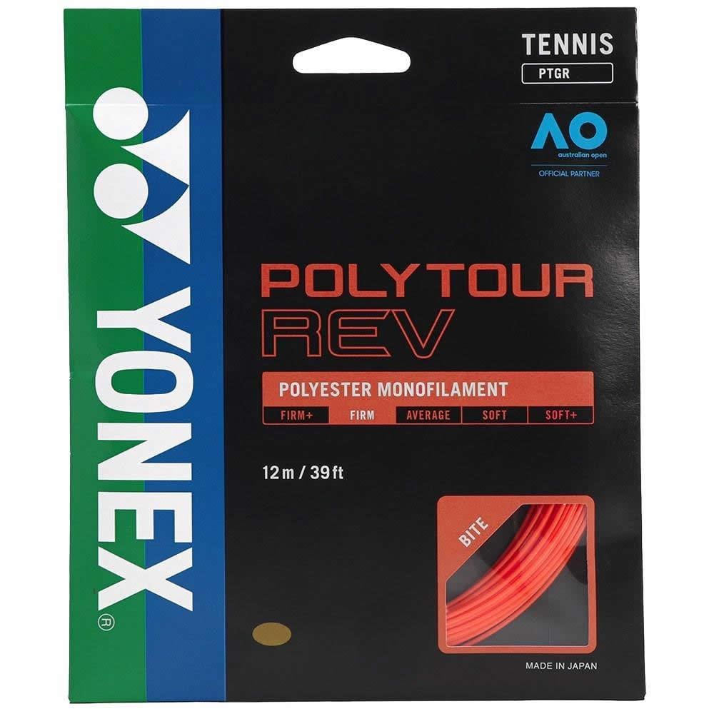 The packaging of Yonex Polytour REV Tennis String (12m) in Bright Orange showcases SIF technology for maximum spin. The design includes a black background accentuated by green, white, and red text emphasizing "Firm" and "Average Soft." A transparent section reveals a coiled bright orange string.