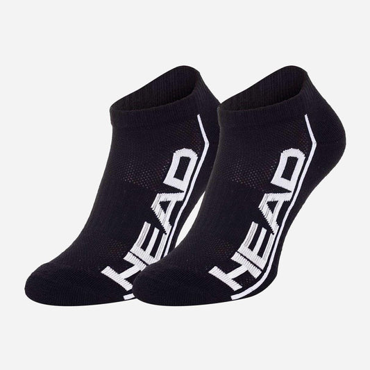 A pack of black HEAD Performance Sneaker Socks featuring the brand name "HEAD" printed in white on the side offers superior comfort with shock absorption padding. These ankle socks are displayed together, angled slightly forward, on a plain white background.