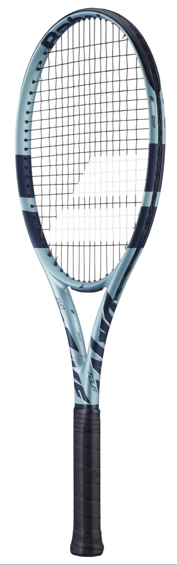 The Babolat EVO Drive Tour Gen 2 Tennis Racket - Blue features an Air Handle Touch with a sleek design. Its black handle and light blue/dark blue frame complement white strings displaying the Babolat logo, offering a modern and stylish appeal on the court.