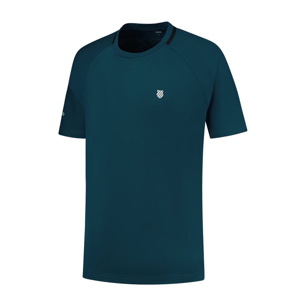 The K-Swiss Tac Hypercourt Double Crew 2 Tennis T-Shirt in Blue Opal features a small, white, shield-shaped K-Swiss logo on the chest. Its simple and sleek design makes it ideal for sports or casual wear.