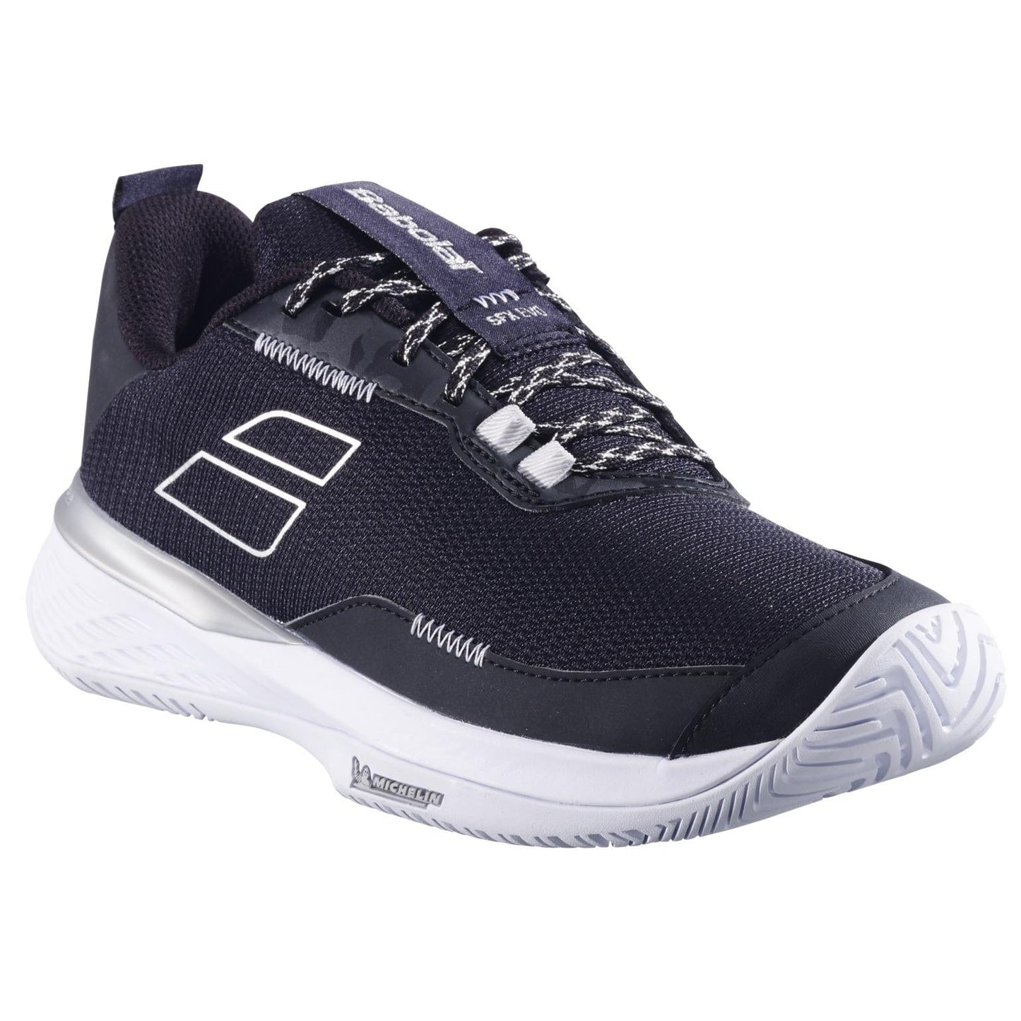 The Babolat SFX EVO All Court 2025 Women's Tennis Shoes in black/silver feature a Michelin Original rubber sole, branded tongue and sole, modern mesh upper, and patterned laces, ideal for both sports and casual wear.