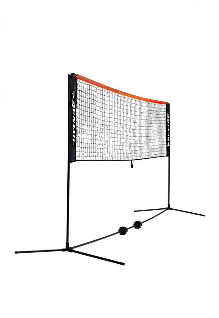 The Dunlop 3m Mini Tennis Net & Post Set in black and orange is a portable, freestanding net by Dunlop, featuring metal poles and a base. Fully assembled and ideal for versatile tennis play, shown isolated on a white background.