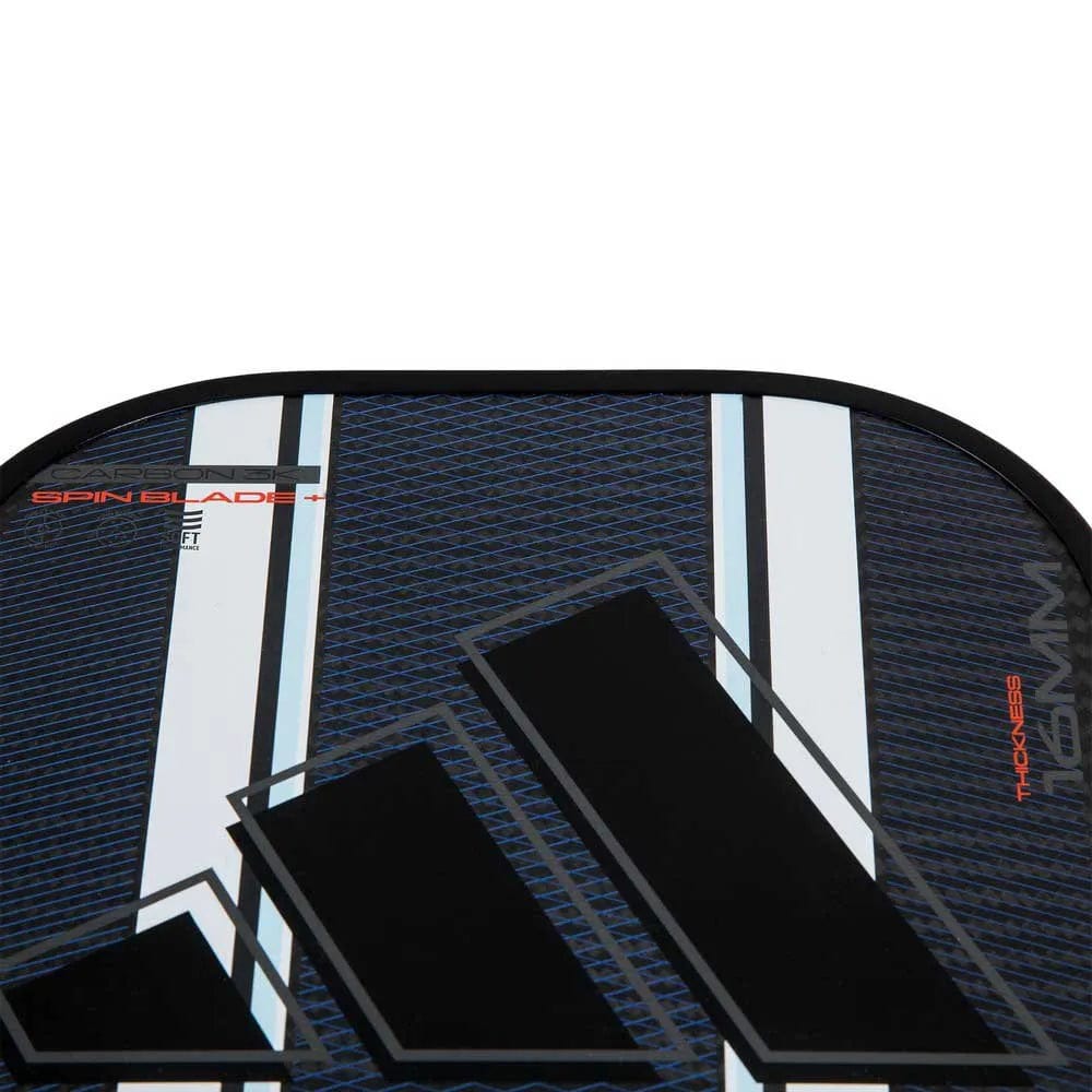 Close-up of the adidas Adipower Carbon CTRL 3.3 Pickleball Paddle in black and blue, showing its geometric design and “SPIN BLADE” with “16MM THICKNESS”—ideal for advanced players seeking top control and performance.