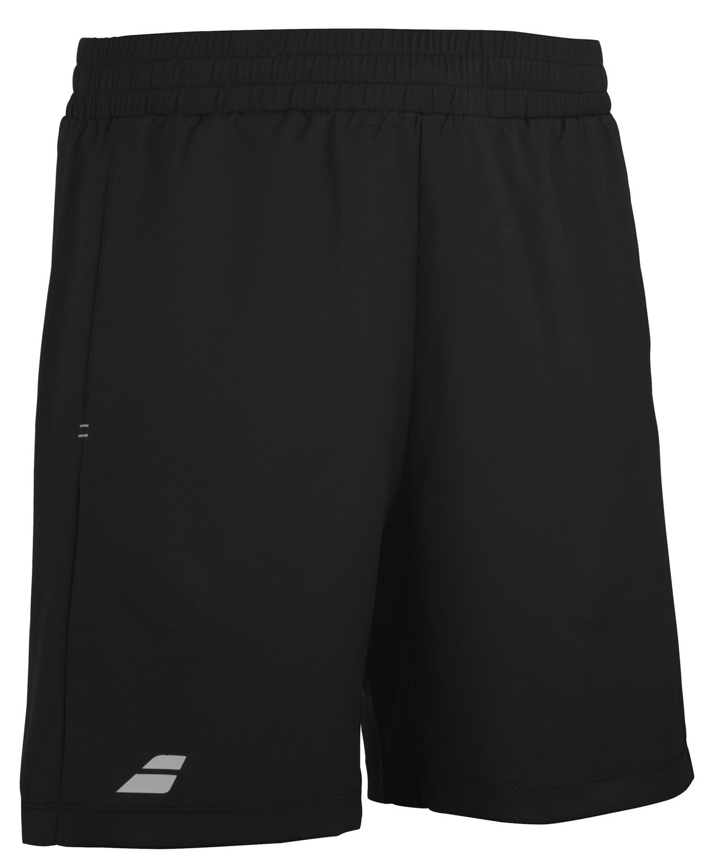 The Babolat Play Men's Tennis Shorts in black incorporate 360 Motion technology and an elastic waistband to provide maximum comfort. A subtle white logo is featured on the lower left side, and their recycled polyester fabric makes them ideal for both sports activities and casual wear.