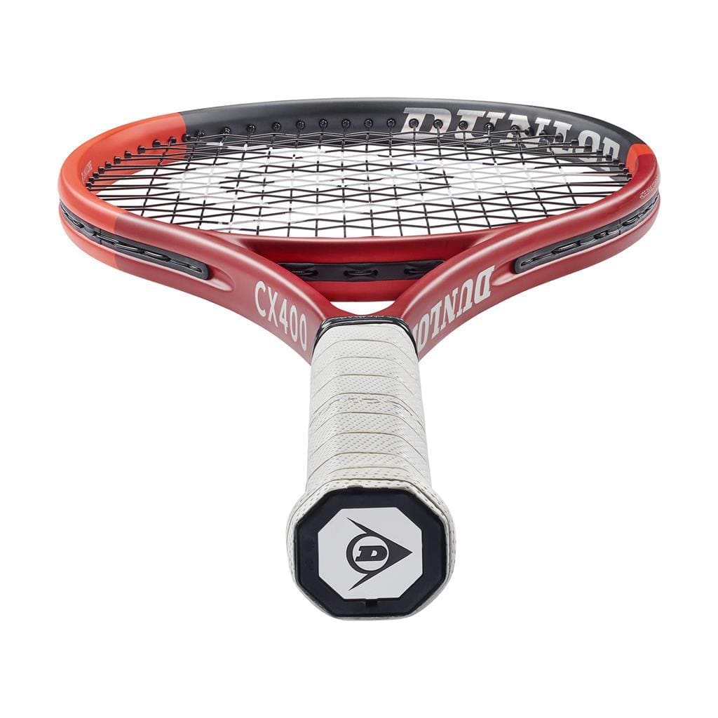 The Dunlop CX 400 2024 Tennis Racket in red, equipped with Powergrid Stringtech+, features a white grip and black and red strings, enhancing the racket feel from the handle's perspective.