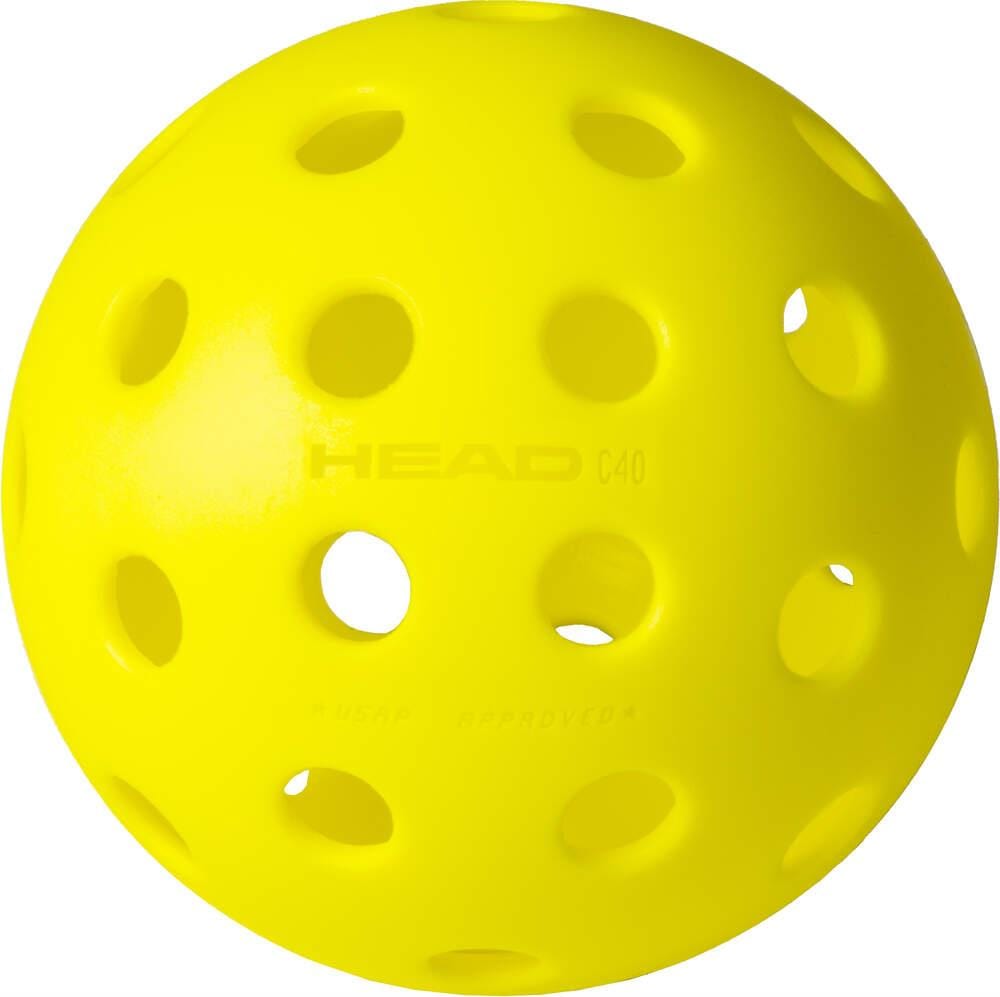 The HEAD Championship 40 Outdoor Pickleball Balls (3 Ball) in bright yellow feature multiple evenly spaced holes and "HEAD" and "C40" markings, making them ideal for outdoor play.