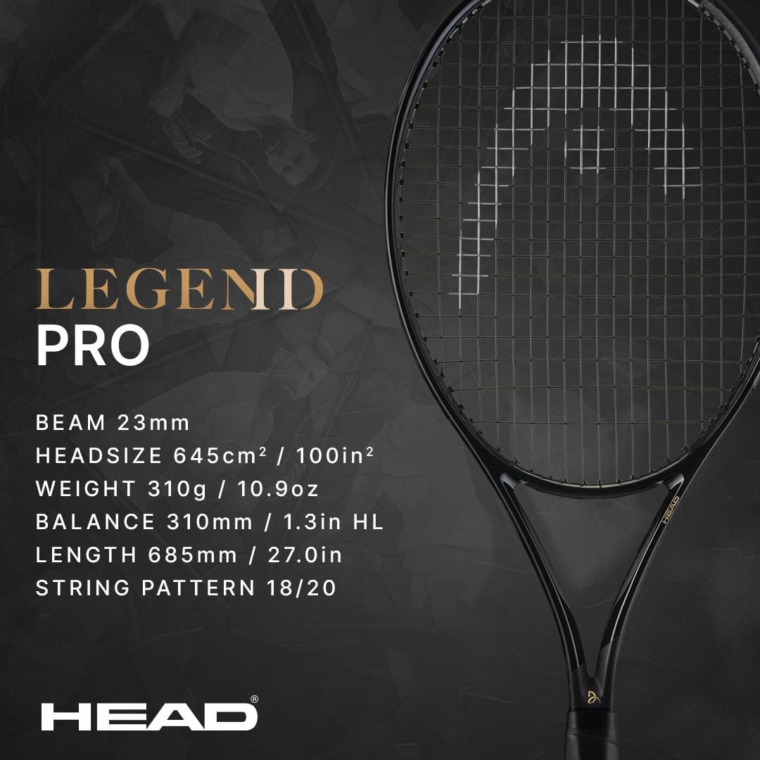 The HEAD Speed Pro Legend 2025 Tennis Racket - Black / Gold by HEAD, inspired by Novak Djokovic, features a 23mm beam, 645cm²/100in² headsize, 310g weight, 310mm HL balance, 685mm/27in length, and an 18/20 string pattern.
