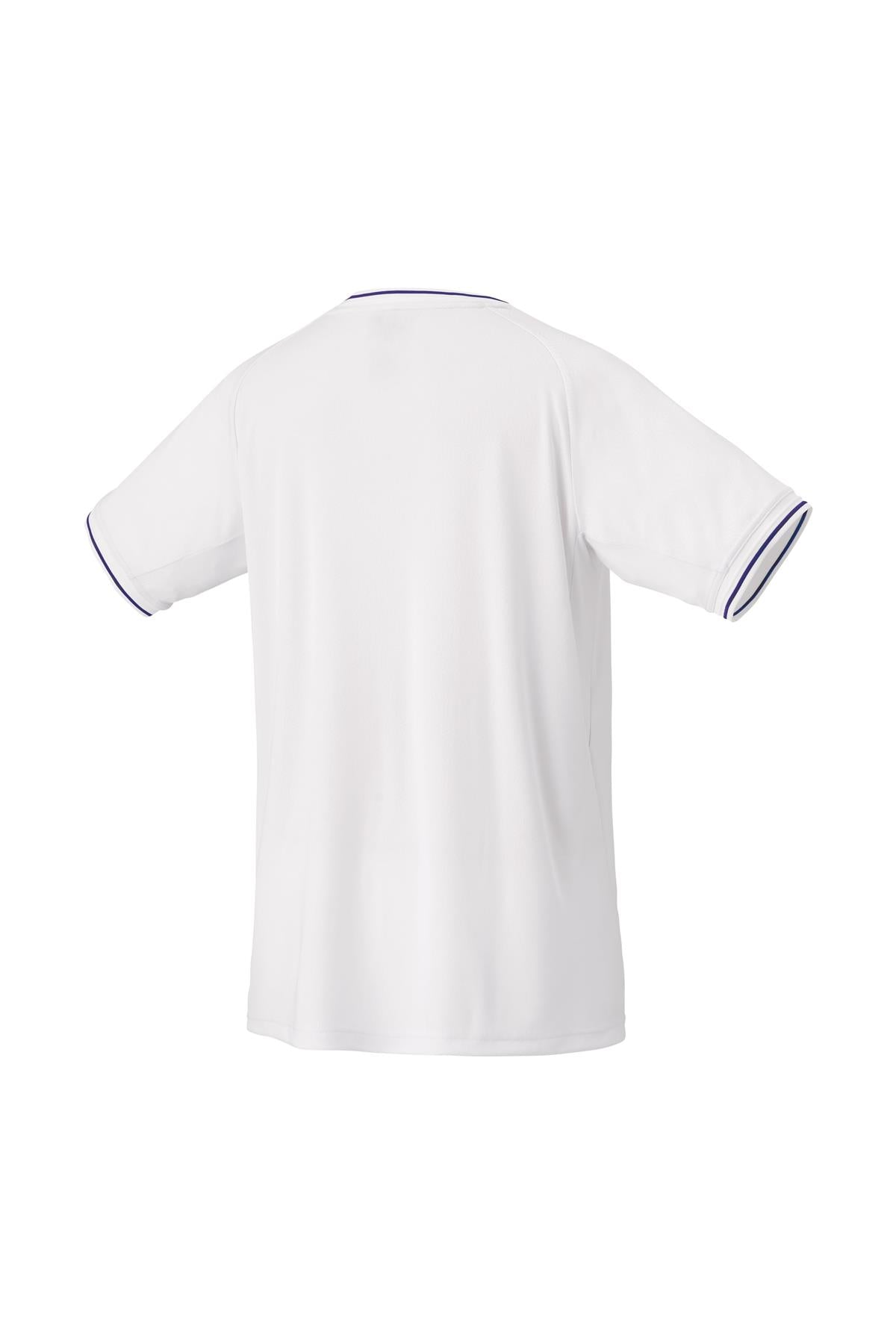 The Yonex 10561 Men's Tennis T-Shirt in white showcases a plain design with short sleeves, made from moisture-wicking fabric, and is highlighted by black piping along the neckline and sleeve edges, all seen from the back.