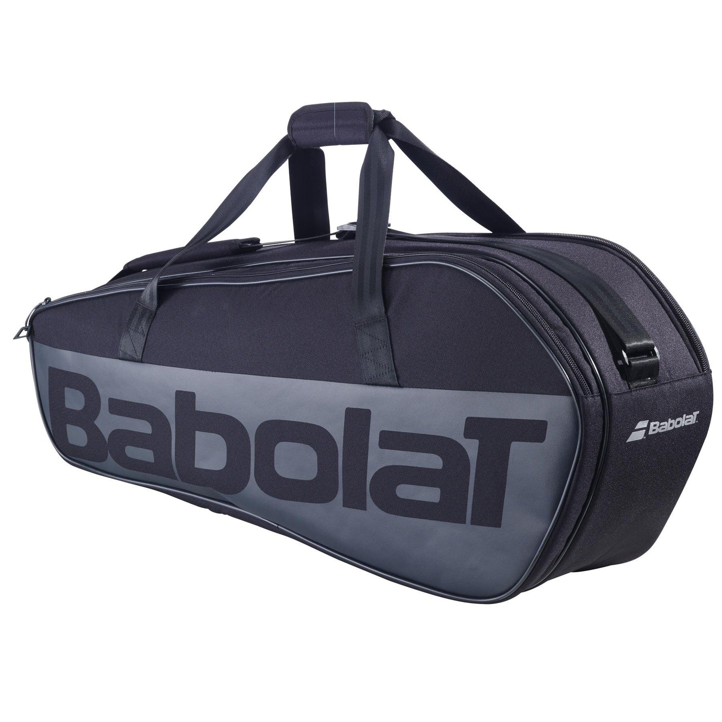The Babolat Court M 6 Racket Tennis Bag in black, crafted from recycled PET, features a dedicated racket compartment, handles, and a shoulder strap with the iconic Babolat logo on the side.