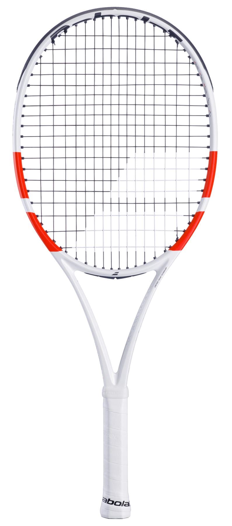 The Babolat Pure Strike Junior 26 Gen4 Tennis Racket by Babolat boasts a stylish white design with red accents and a black string pattern, complete with a white grip handle, making it ideal for budding junior tennis enthusiasts.