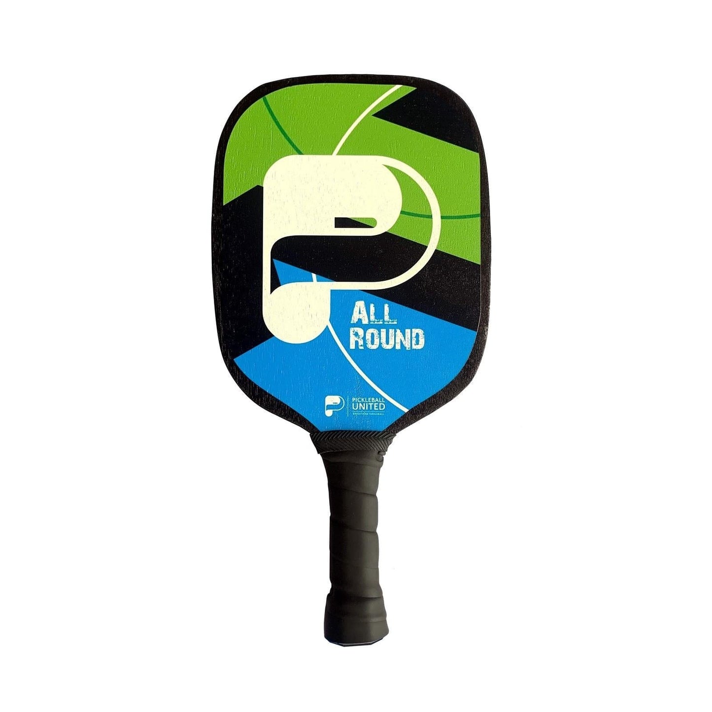 The Pickleball United Education 6 Player Indoor Set features paddles with black handles, green/blue/white geometric designs, and "ALL ROUND" and "PICKLEBALL UNITED" logos—ideal for indoor games or use with your portable net.