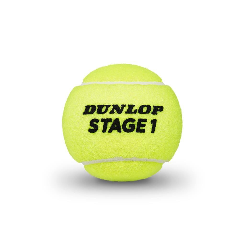 A vibrant green tennis ball from Dunlop's Stage 1 collection, designed for developing players, with "DUNLOP STAGE 1" prominently displayed in bold black text, positioned against a plain white background.