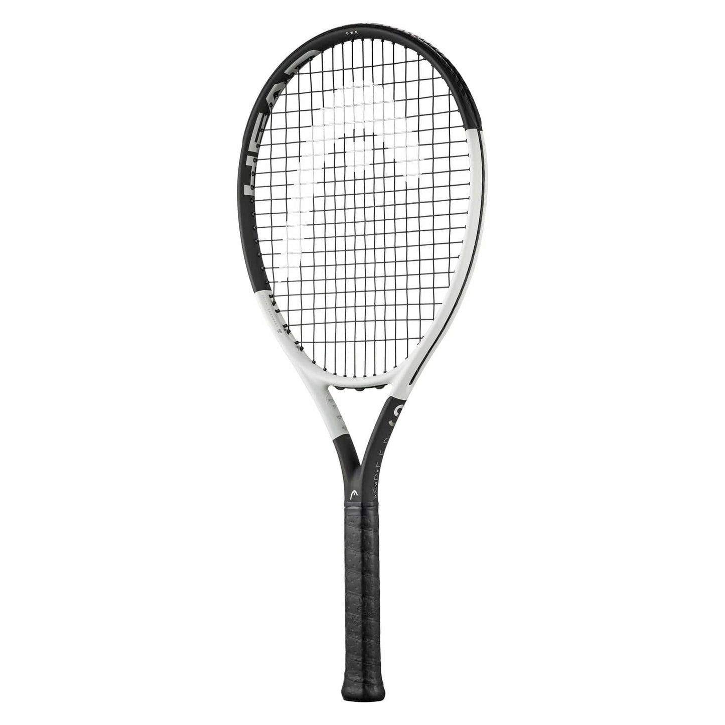 The HEAD Speed PWR 2024 Tennis Racket in white and black features a stylish frame with the brand's logo prominently displayed on the strings. Enhanced with Auxetic 2.0 technology, its tightly woven strings are designed to deliver superior performance. The handle is wrapped in black grip tape, positioned vertically against a white background.