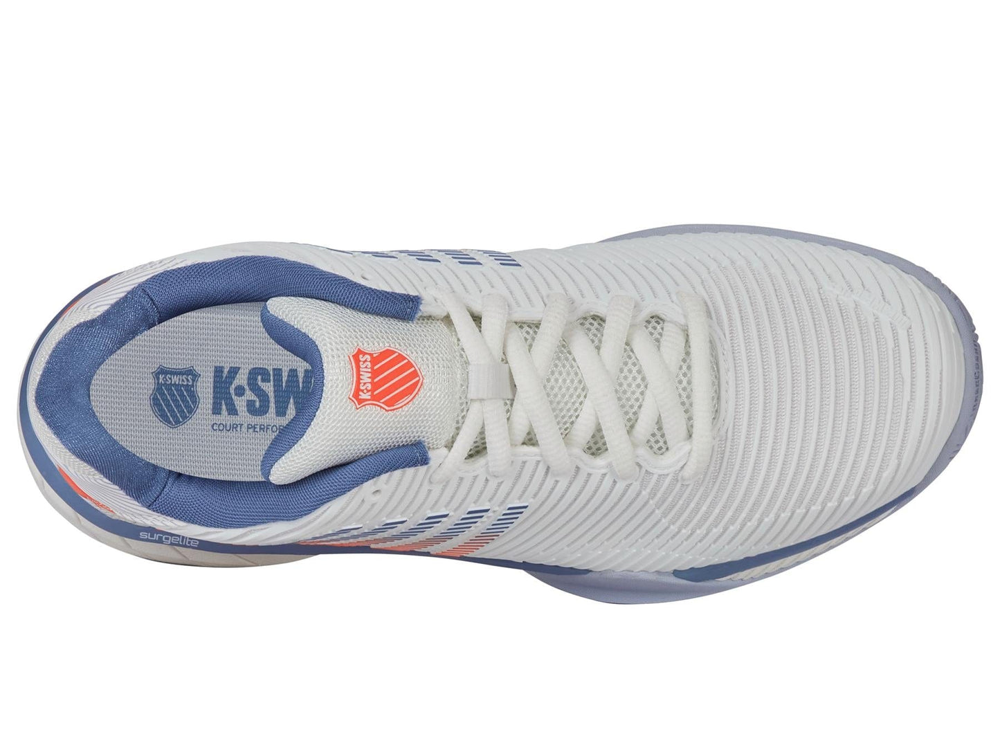 Top view of the K-Swiss Hypercourt Express 2 Men's Tennis Shoe in white and Scarlet Ibis. This lightweight shoe features a textured surface, laces, a padded blue interior, breathable design, and an insole with "K-SW" branding and a tennis logo.