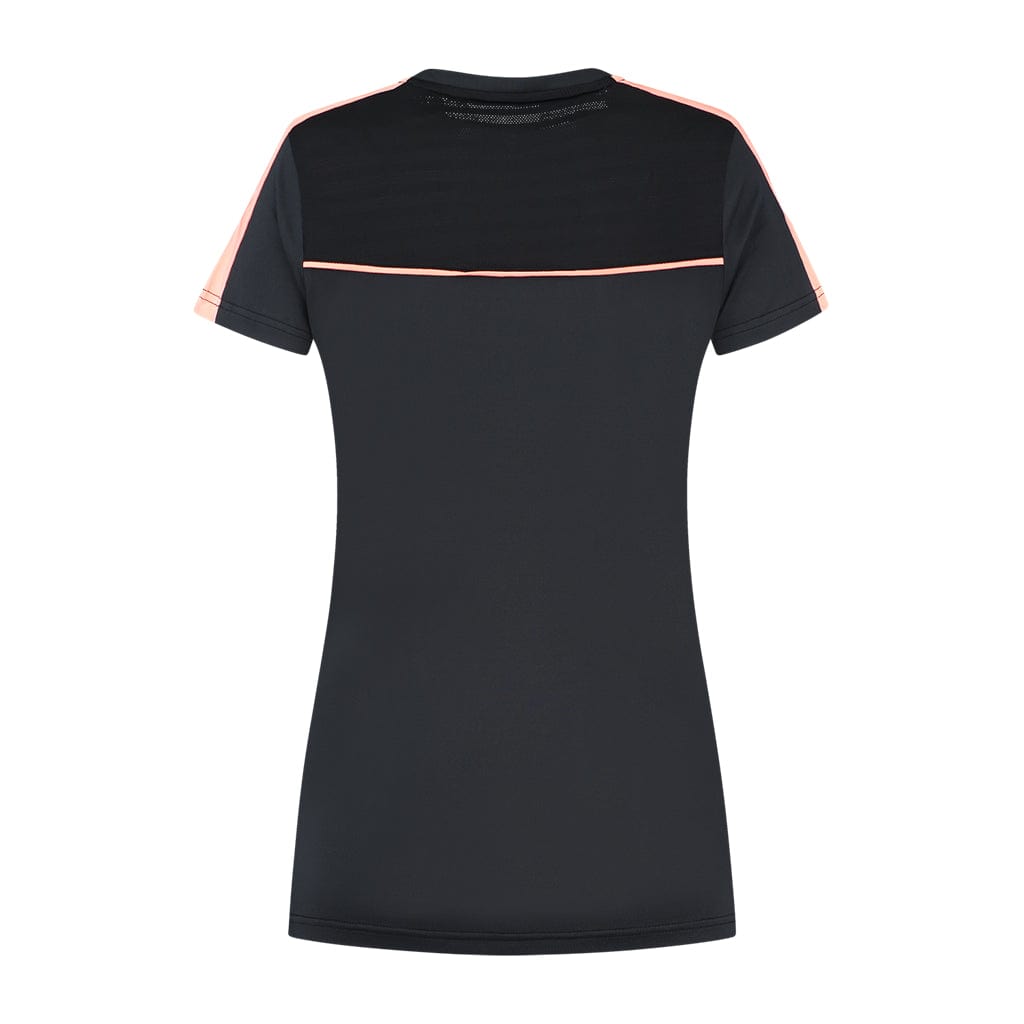 The image depicts the back view of the K-Swiss Tac Hypercourt Round Neck Tennis Top 2 in black. This short-sleeved top features a horizontal pink stripe across the upper back and pink accents on the sleeve edges, with a fitted design ideal for sports enthusiasts.