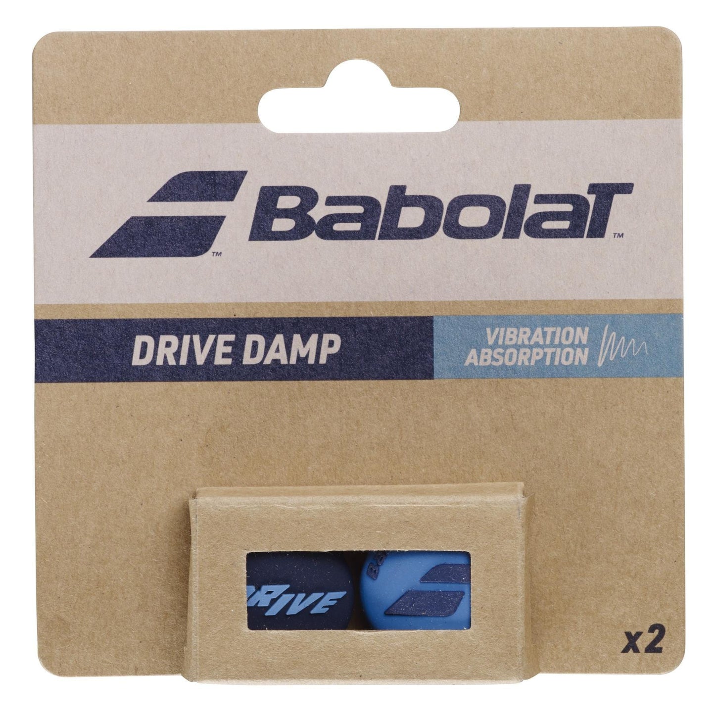 The Babolat Drive Damp X2 Tennis Dampener - Blue features two dampeners visible through a cutout in the brown package, accented with navy and light blue text. It emphasizes "vibration absorption," highlighting optimal shock reduction for enhanced play.