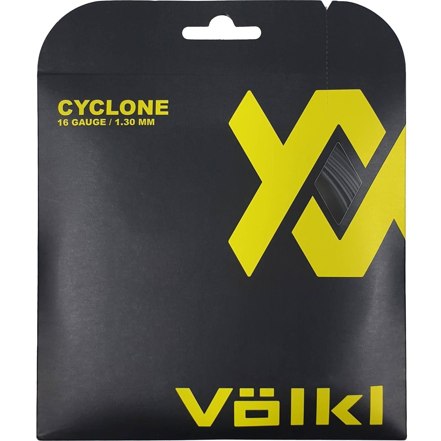 The Volkl Cyclone Tennis String Set - Black (12m) features black packaging adorned with yellow text and design. The text displays "CYCLONE 16 Gauge / 1.30 mm" and "Völkl." A partially visible coil of the tennis string, famous for its spin and control capabilities, is included. The packaging is also designed with a cut-out for hanging, revealing the durable strings inside.