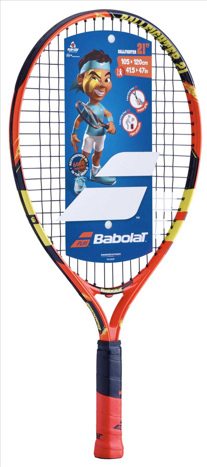 The Babolat Ballfighter 21 Tennis Racket from Babolat, featuring an orange, black, and yellow design, is perfect for children learning tennis. It includes a fun cartoon character on the packaging and a helpful teaching grip, making it ideal for kids 105-120 cm tall.