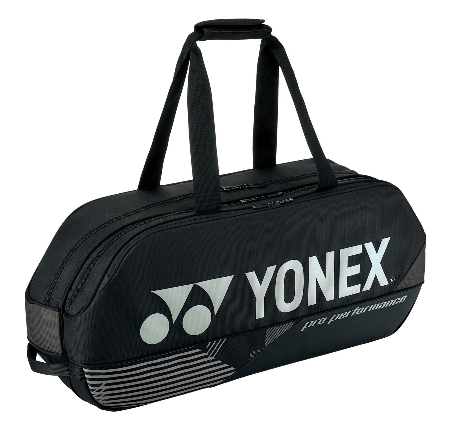 The Yonex 92431WEX Pro Tournament 6 Racket Tennis Bag in black features a sleek and streamlined design with two carry handles and a prominent logo. Engineered for professional performance, it includes multiple compartments ideal for organizing your rackets.