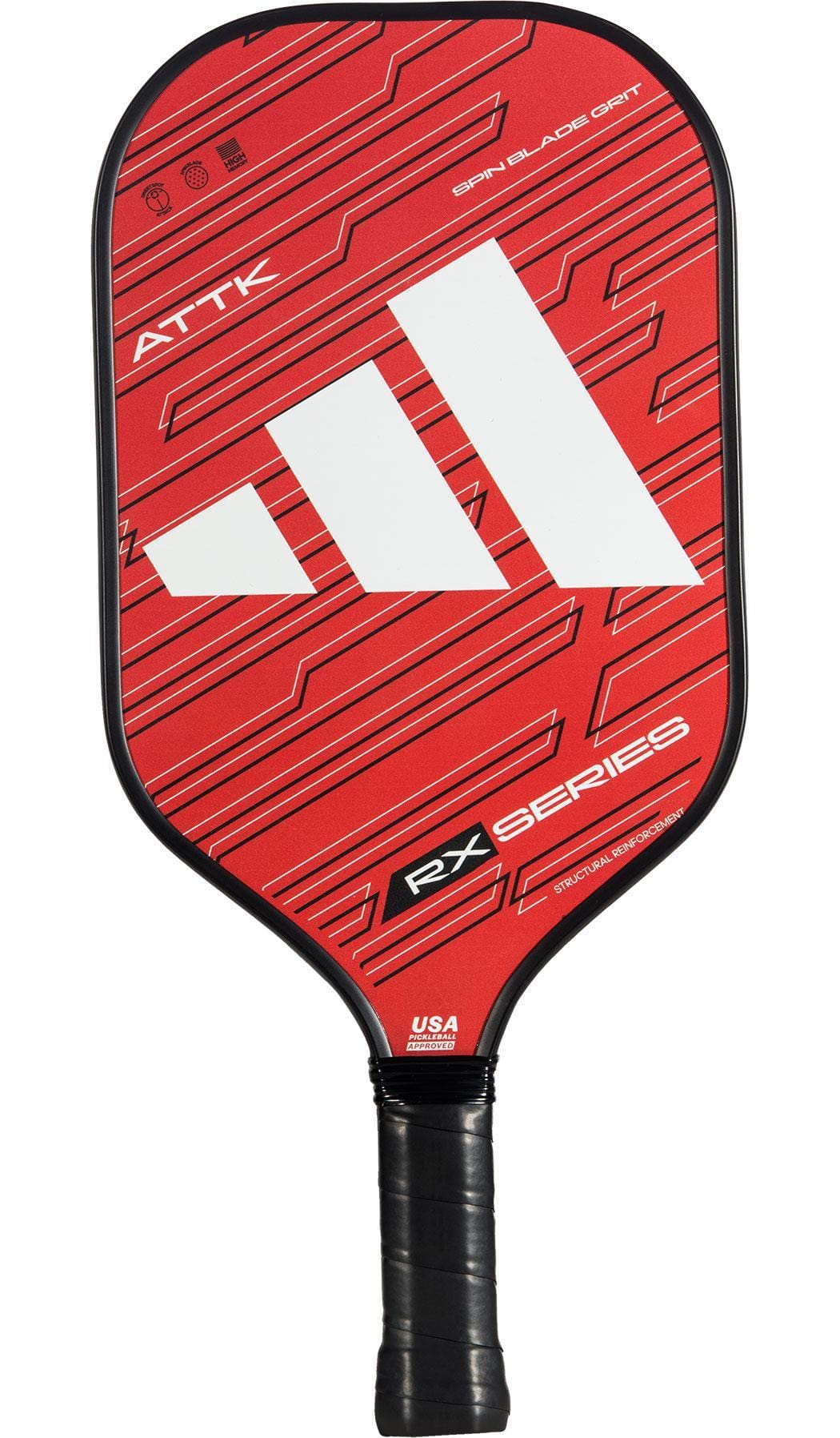 The adidas RX ATTK 3.3 Pickleball Paddle in red features black edges, a black grip, bold white stripes, geometric patterns, "ATTK" and "RX Series" text, plus an HD Polypropylene Honeycomb Core for power and control.