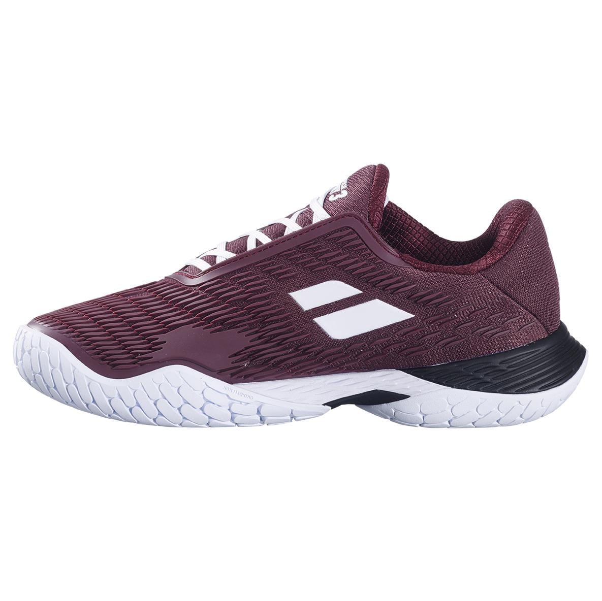 The Babolat Propulse Fury 3 Mens Tennis Shoes - Port Royale feature a maroon textured upper, white sole, black heel detail, and two white angled stripes for outstanding lateral support during dynamic court play.