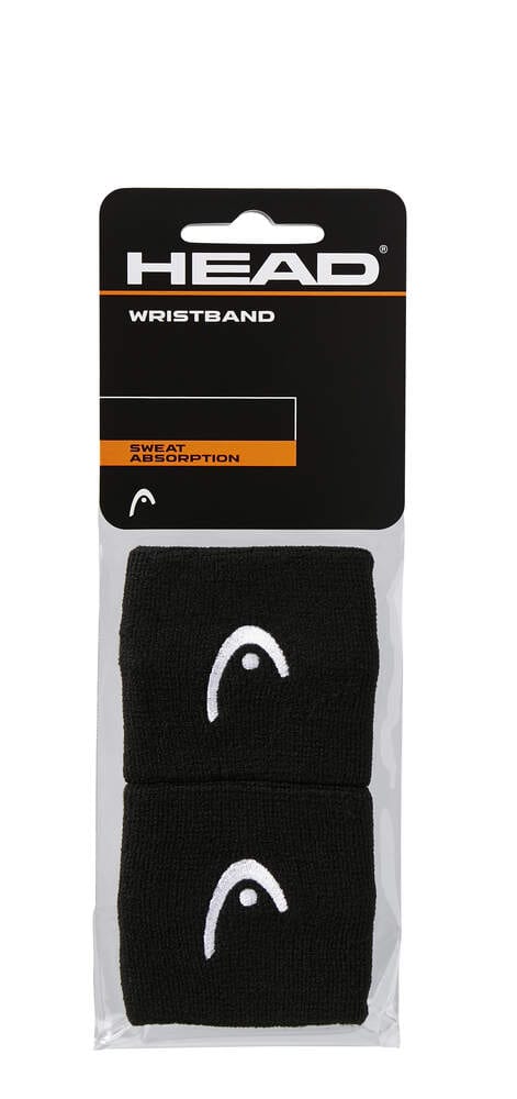 A package of HEAD 2.5" Tennis Wristbands in black, showcasing features like sweat absorption and excellent elasticity, with the brand logo design included.