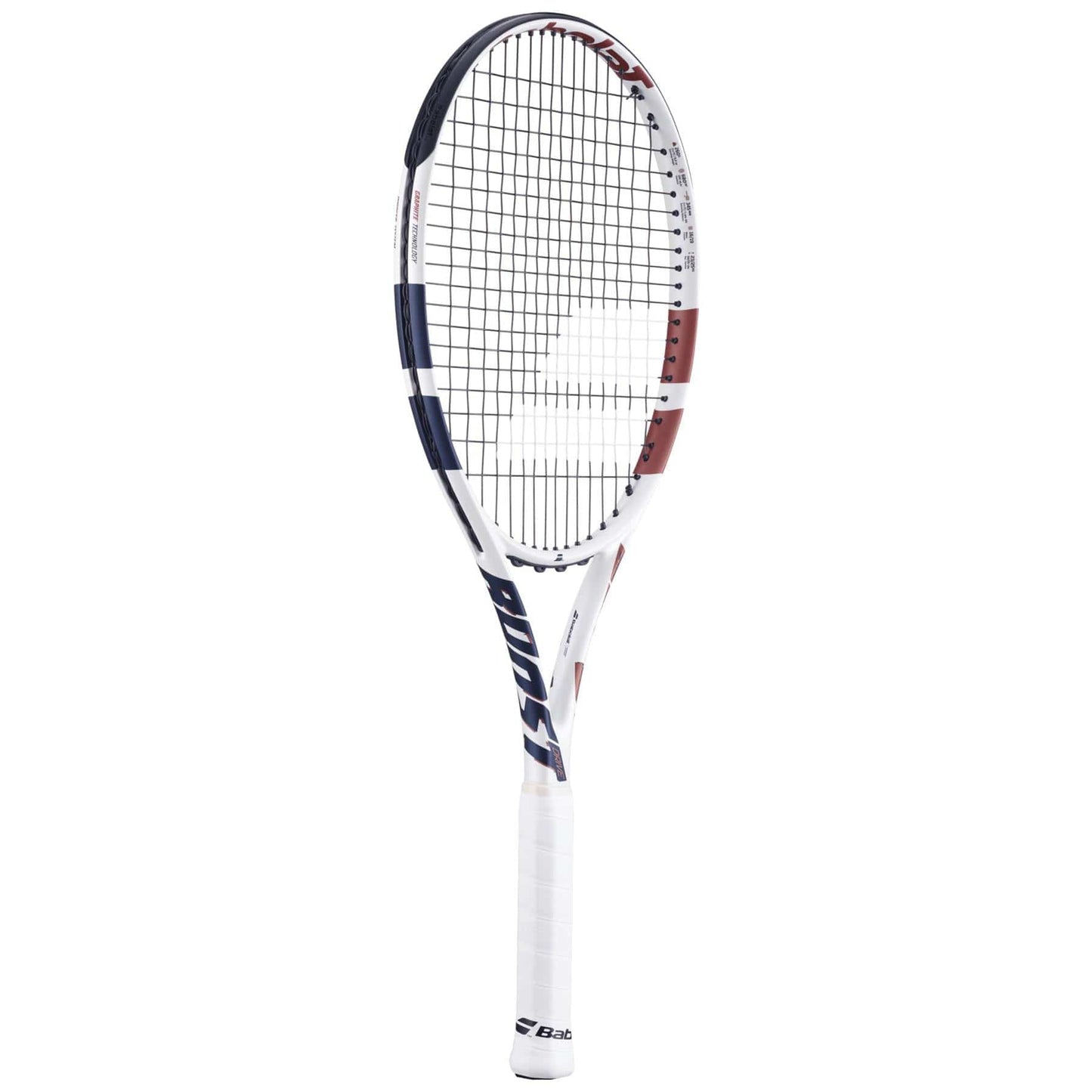 The Babolat Boost Drive Tennis Racket - White features a lightweight graphite frame with a striking blue and red design on the head and shaft. The "Babolat" brand name is prominently displayed along the throat, while the handle is expertly wrapped in white grip tape for optimal comfort.