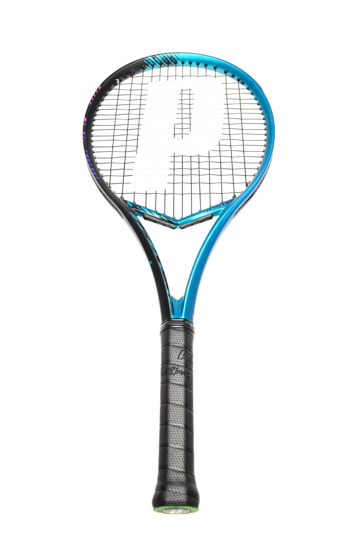 The Prince Vortex 100 300g Tennis Racket in black and turquoise prominently features a large "P" on the strings set against a white backdrop. It is enhanced with TeXtreme technology to maximize spin potential, while the handle is wrapped in black grip tape for secure control.