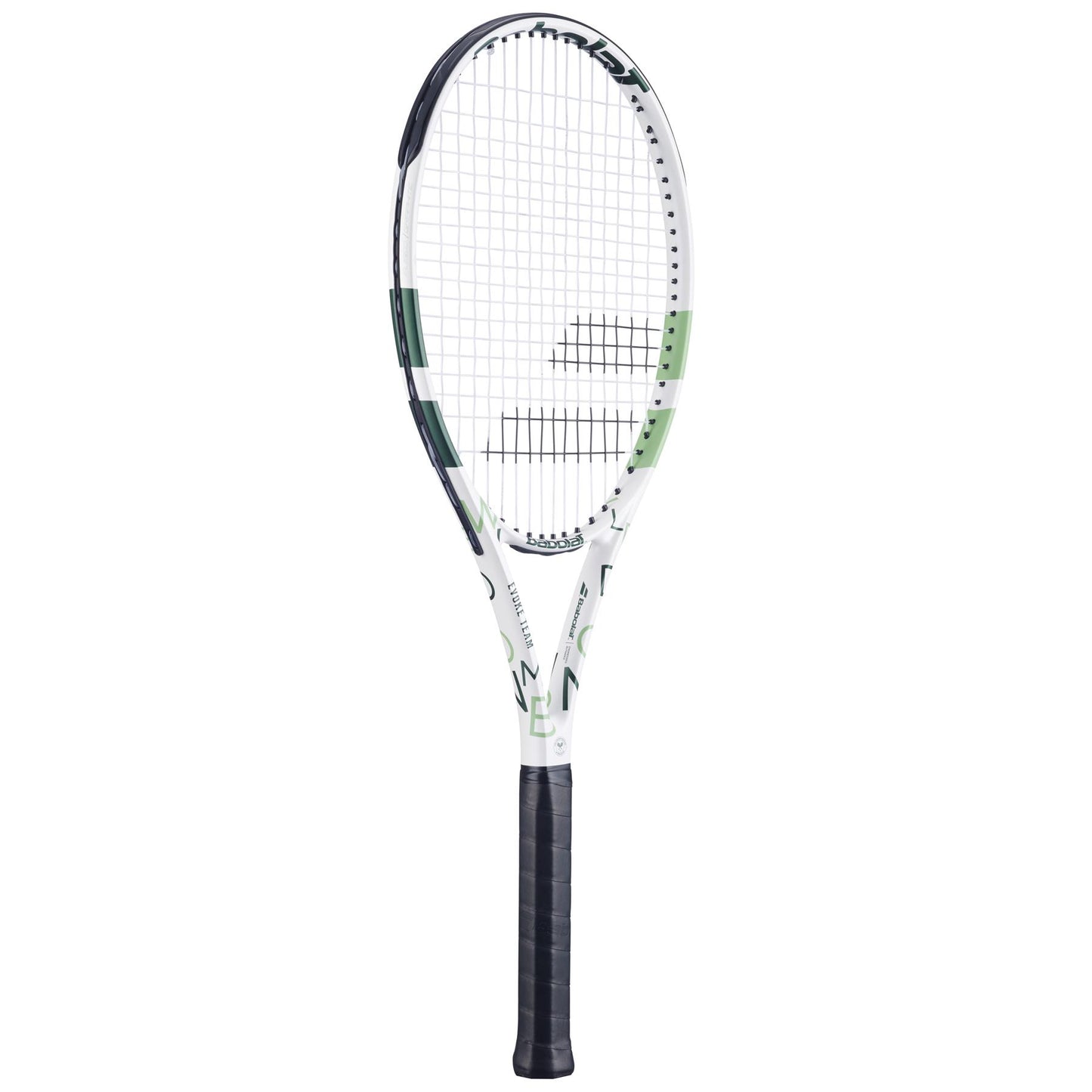 The Babolat Evoke Team Wimbledon 2025 Tennis Racket in white and champagne green stands upright against a plain white background, showcasing its lightweight build, black handle, and modern stringed design.